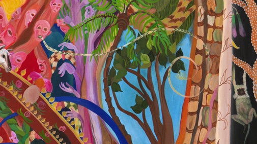 A multi-coloured artwork with motifs from the natural world